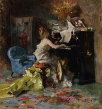Impressionist Interior Scene Oil-Style Painting - Grand Piano, Cello and Music Room — listing 5
