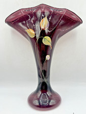 Hand-Painted Amethyst Purple Glass Teardrop Bud Vase with Floral Motif, 9.75 in