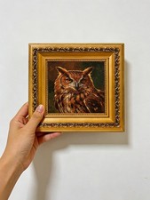 Vintage Original Oil Painting of Horned Owl with Daisies, Signed Hogan, Wood Frame — listing 2