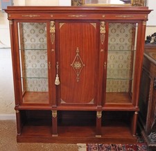 Antique French Empire / Restauration Mahogany Scroll-Arm Bergère Armchair with Leather Seat, listing 5