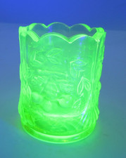 Antique Uranium Glass Miniature Toothpick Holder, Green Pressed Glass with Scalloped Rim, 2 inches tall — listing 3