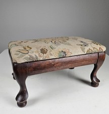 Vintage Queen Anne Style Footstool with Cabriole Legs and Floral Tapestry Upholstery — listing 3