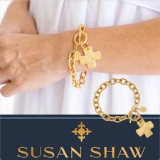 Gold-Tone Cross Pendant Necklace with Chunky Rolo Link Toggle Chain