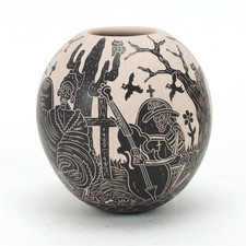 Handmade Studio Pottery Sgraffito Cylinder Vase with Dragon/Wave Motif