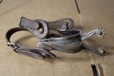 Vintage Hand-Engraved Western Riding Spurs with Silver Overlay Bands and Rowels Yes - there is a stamped name