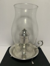 Vintage Pewter Tavern-Style Table Lamp with Hand-Painted Blue Ruffled Glass Shade — listing 3