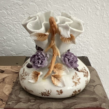 Handmade White Porcelain Round Vase with Sculptural Applied Flowers, Artist-Signed — listing 2