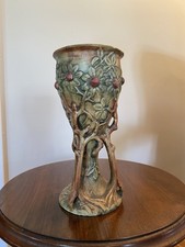 Pair of Weller Woodcraft 7" Twin-Handled Bud Vases with Applied Plum & Foliage, listing 6
