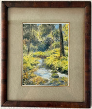 Antique Watercolor Landscape Painting with Palm Trees, Framed