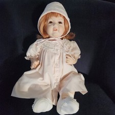 Vintage Porcelain Baby Doll with Blonde Hair, Blue Eyes, White Eyelet Lace Bonnet and Gown — listing 3