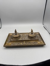 Antique Victorian Ornate Brass Double Inkwell Desk Stand with Figural Bacchus/Mask Backplate — listing 3