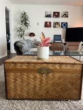 Decorative Woven Wood Storage Trunk Box with Antiqued Brass Hardware — listing 2