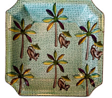 Pair of Hand-Painted Chinoiserie Monkey Plates with Faux-Wicker Basketweave Border