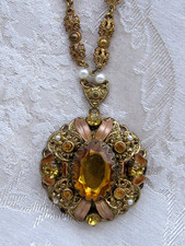 Vintage West Germany Filigree Brooch with Baroque Faux Pearl and Green Rhinestones — listing 2