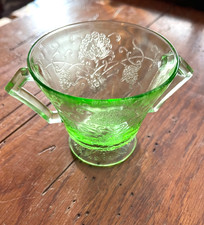 Green Uranium Depression Glass Open Sugar Dish, Florentine/Poppy or Florentine Pattern, 3 inches tall — listing 6