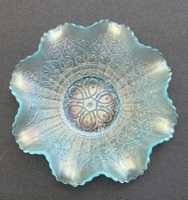 Ice Blue Carnival Glass Ruffled Bowl with Grape & Cable Pattern — listing 3