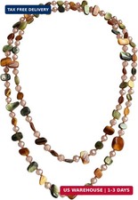 Long Handmade Beaded Necklace with Green Stone, Wood, and Metallic Beads — listing 4