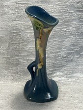 Roseville Pottery Snowberry Double Bud Vase in Blue with Foil Label — listing 6