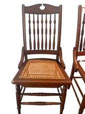 Antique Victorian Pressback Oak Rocking Chair with Spindle Back and Scroll Carving — listing 2