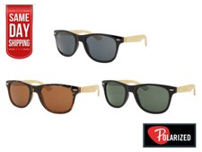 Pair of Tortoise Shell Wayfarer-Style Sunglasses with Bamboo/Wood Temples and Blue Mirror Lenses — listing 5