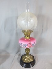 Antique Cranberry Glass Oil Lamp with Milk Glass Base and Etched Chimney — listing 4