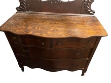Antique Oak Dresser with Swinging Beveled Mirror, Bow-Front Base — listing 5