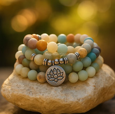 Handmade Beaded Stretch Bracelet with Amazonite, Fire Agate, Turquoise-Style Beads and Silver-Tone Lotus Charm — listing 2