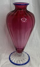Hand-Blown Art Glass Vase, Cobalt Blue with Cranberry Red Swirl Overlay — listing 3
