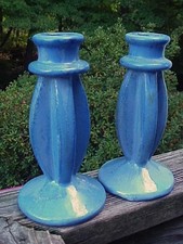 Fulper Pottery Blue Flambé Glaze Chamberstick Candle Holders, Pair Fulper incised