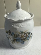 Antique Blue & White Transferware Biscuit Barrel with Wicker Handle and Lid — listing 4