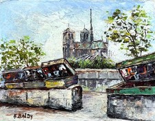 Vintage Notre Dame Cathedral Paris Seine Oil Painting on Canvas, Signed, Framed — listing 4