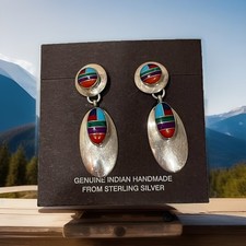Navajo Multistone Sterling Silver Drop Earrings with Turquoise, Coral & Lapis by Lorenzo Juan — listing 2
