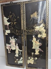 Vintage Chinese Black Lacquer Wall Panel with Carved Mother-of-Pearl Soapstone Figures — listing 4