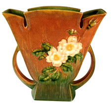 Roseville Pottery White Rose Two-Handled Vase, Pink & Green, Shape 980-6" — listing 3