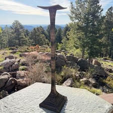 Tall Brutalist Textured Column Sculpture / Decorative Pedestal with Metallic Silver-Gold Leaf Finish