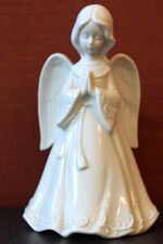 Vintage Ceramic Praying Angel Figurine with Pink Robe and Iridescent Wings
