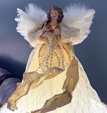 Christmas Angel Tree Topper with Porcelain Face, Real Feather Wings, Red and Gold Brocade Gown, approx 14-16 inches — listing 5