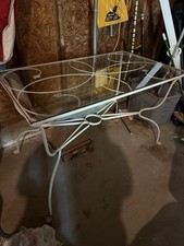 Vintage Wrought Iron Mesh Patio Dining Set - Round Table with 4 Springer Rocker Chairs and Red Cushions — listing 4