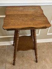 Antique Victorian Oak Parlor Table with Glass Ball & Claw Feet and Spool-Turned Legs — listing 6