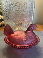 Ruby Red Pressed Glass Hen on Nest Covered Dish with Beaded Rim — listing 6