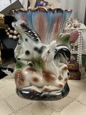Mid-Century Ceramic Deer Head Figural Vase, Beige Cream & Brown, 8 inch