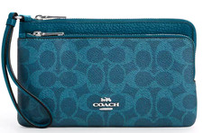 Coach Double Zip Wallet Wristlet in Maroon Pebbled Leather