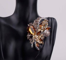 Vintage Domed Filigree Brooch with Amber Glass Cabochons and Aurora Borealis Rhinestones — listing 3