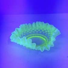 Vaseline / Uranium Glass Nappy Dish with Blue Opalescent Ruffled Rim and Applied Handle — listing 2