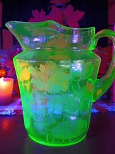 Vintage Uranium Glass Miniature Pitcher Vase, Green, Ruffled Rim, 5 inch, listing 6