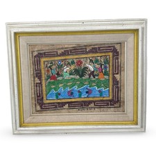 Vintage Mexican Amate Bark Paper Folk Art Painting - Bird, Deer & Florals in Carved Silvered Frame — listing 6