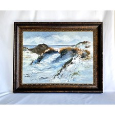 Original Oil Painting on Canvas, Beach Dunes with Sand Fence Coastal Landscape, Signed D. Ewing, Framed — listing 4
