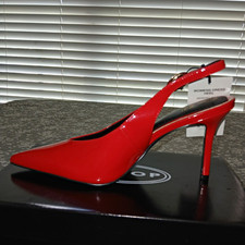 Red Patent Leather Pointed-Toe Grommet Buckle Slingback Flats, Size 39, listing 4