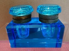 Vintage Pressed Glass Double Inkwell Desk Stand with Pen Rests — listing 3