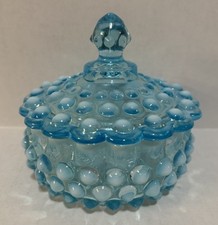 Blue Hobnail Glass Square Nut/Candy Dish with Ruffled Edge — listing 4